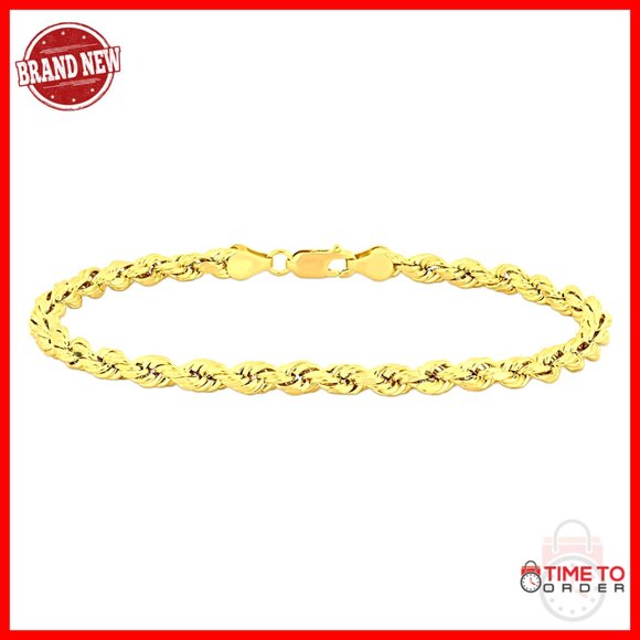 10K Gold Rope Chain Bracelet 9 Inch 5MM Width Lightweight Lobster Claw Clasp
